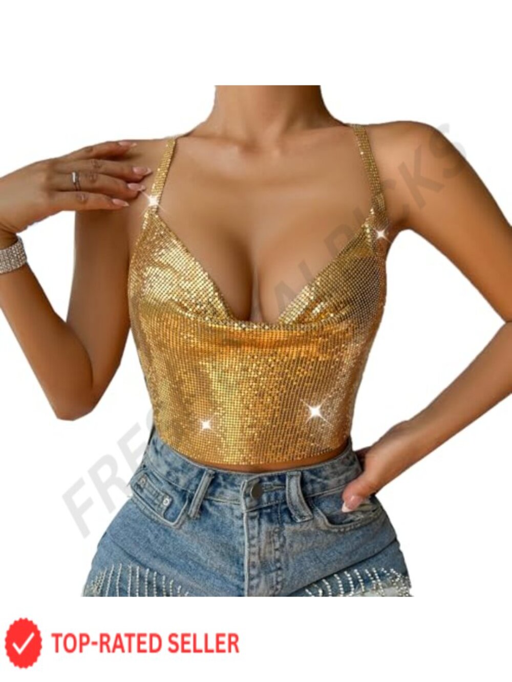 Metallic Sequins Halter Crop Top V Neck Backless Clubwear Rave